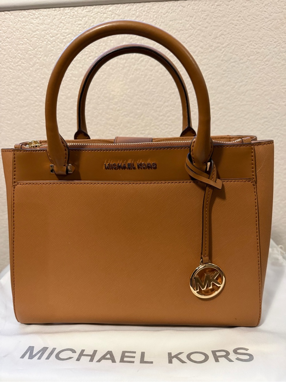 Michael Kors Cognac Saffiano Leather Satchel with Gold Charm